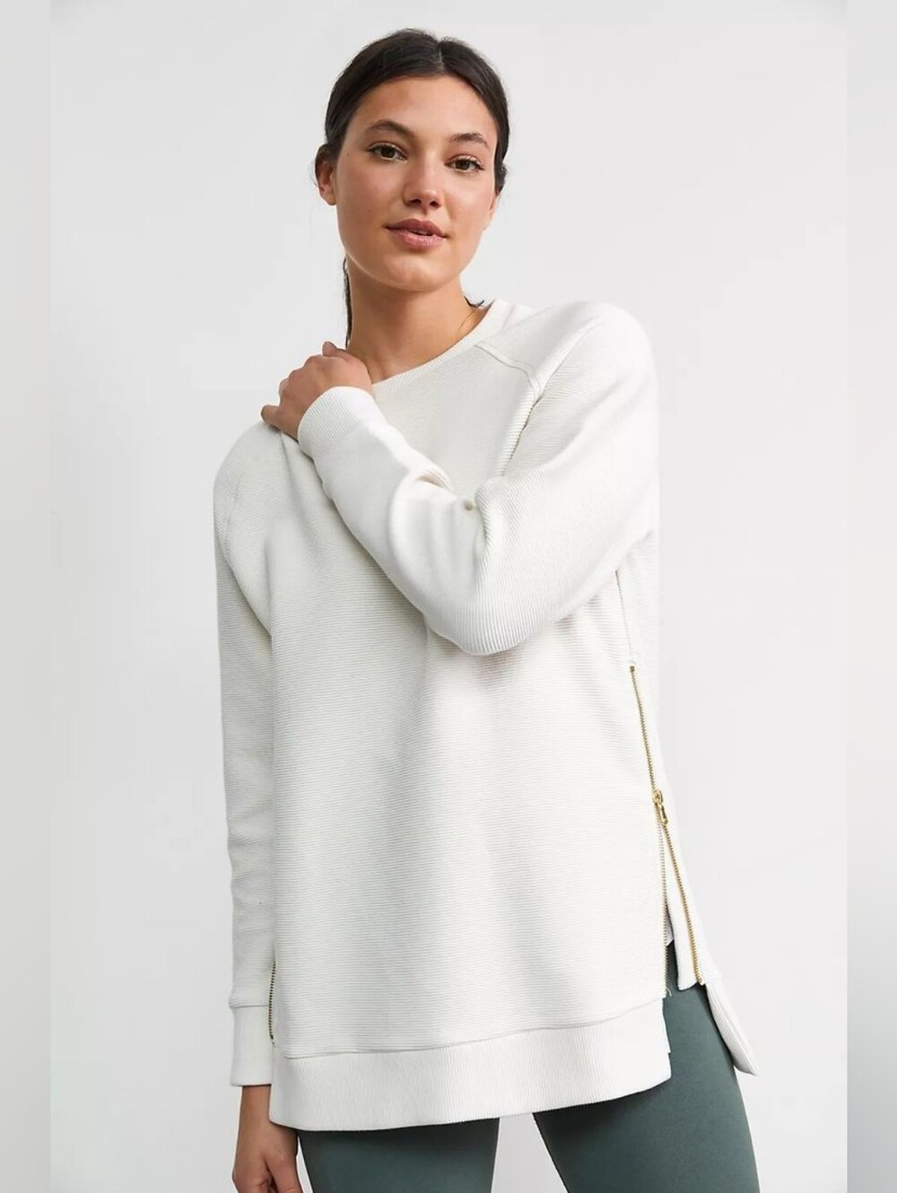 Varley Manning Sweatshirt Crew Neck Ribbed White Cream Side Zip Sz XS Athleisure